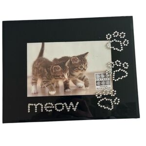 NEW Sixtrees Black Glass Cat Picture Frame with Rhinestone Paw Prints